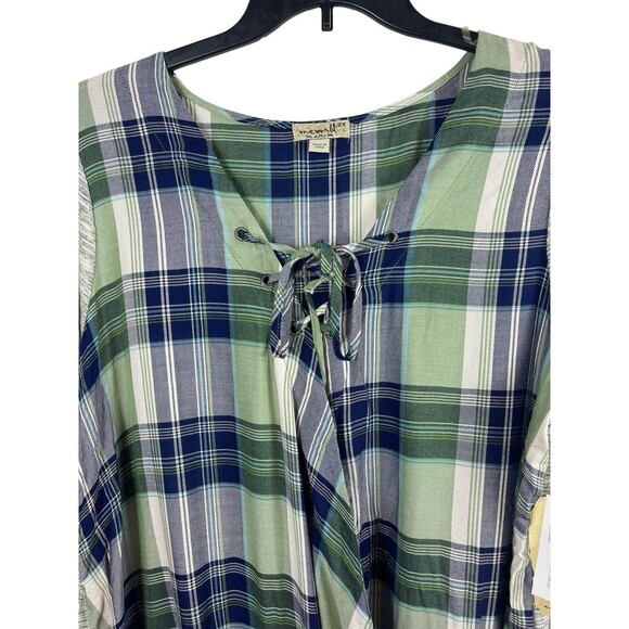 One World 2x Plaid Mixed Media Front Wrap Tie Neck Long Sleeve 2X NWT - Picture 2 of 14